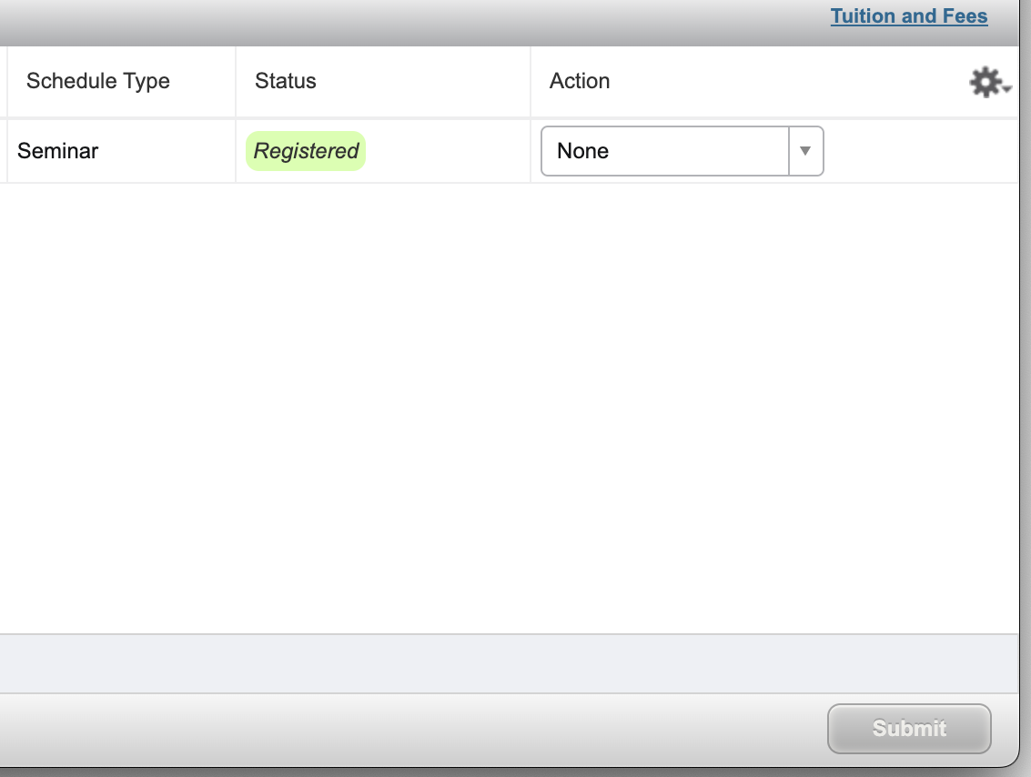 Image showing classes registered and submit button in WINGS, georgia southern's registration platform.